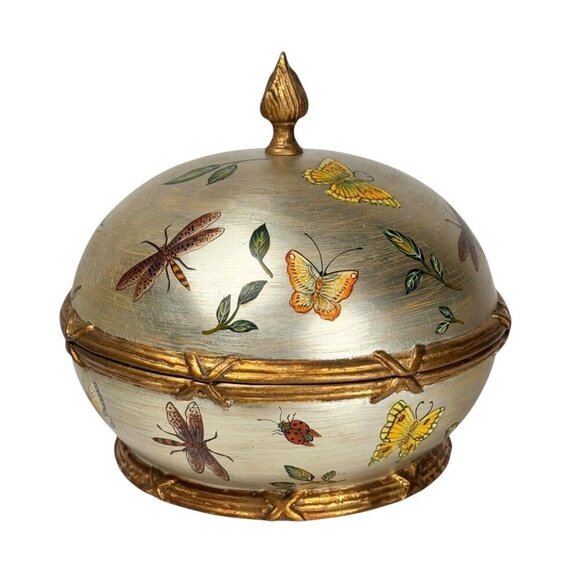 VTG Large Decorative Wooden Box Round Silver Floral Hand Painted Luxury Home - Picture 10 of 10